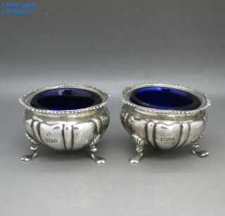 Antique Edwardian Pair Good Solid Sterling Silver Salts & Liners 154g Sheff 1902