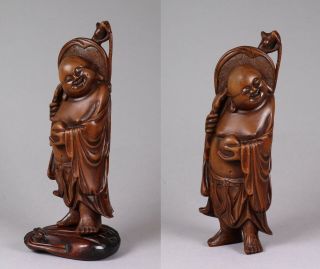 Antique Chinese Wood Figure Of Laughing Buddha On Stand