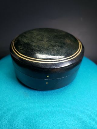 Vtg Italian Leather Round Trinket Jewelry Box Gold Striped Made In Italy 3 "