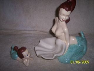 Vintage Hand Painted Lusreware Ceramic Mermaid Soap Holder And Friend " Neat "
