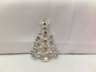 Vintage White Rhinestone Silver Tone Christmas Tree Brooch