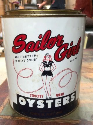Antique " Sailor Girl " 1 Gallon Tin Litho Oyster Can Seafood Edwin Plitt Sons Lid
