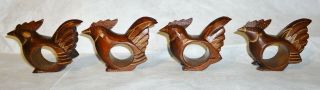 Vintage Wood Hand Carved & Painted Chicken Rooster Napkin Rings - Set Of Four