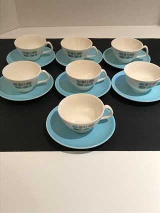 7 Vintage Temporama Canonsburg Pottery Coffee Cups And Saucers Mcm