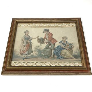 Vtg Colonial Scene (2 Ladies 1 Man) Linen Fabric Framed Rococo Gobelin?