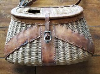 Vintage Leather And Wicker Trout Fishing Creel With Shoulder Straps