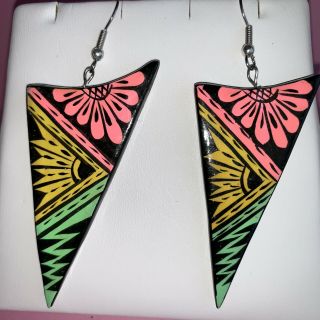 Vintage 80’s Black Neon Pink Green Yellow Flower Triangle Dangle Earrings 3