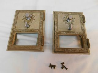 2 Vintage Small Brass Post Office Box Doors - Grecian - American Device 1960
