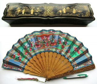 Antique Chinese 1000 Faces Export Sandalwood Fan Eventail 清朝 同治帝 Qing 1860 W Box