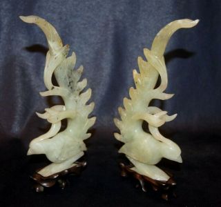 Gorgeous Antique Chinese Jade Birds On Wood Plinths