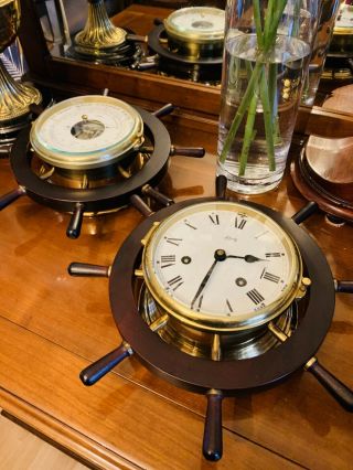Schatz Royal Mariner Ships Wheel Bulkhead Clock And Barometer/thermometer Set