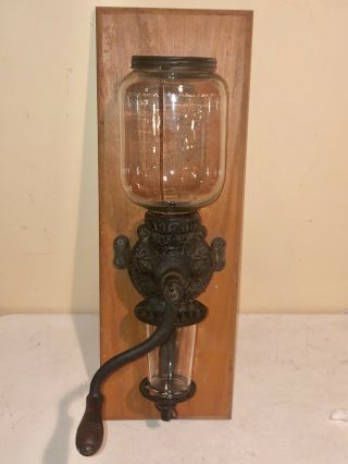 Early Vintage Arcade Crystal Coffee Grinder Wall Mount Hand Crank Antique Glass
