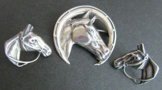 Vintage Estate Sterling Silver Lucky Horseshoe Horse Equestrian Pin Earrings