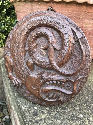 Antique Vintage Arts & Crafts Wooden Mythical Dragon Creature Wall Plaque