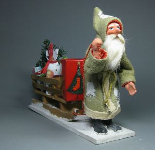 ANTIQUE PAPERMACHE GREEN SANTA WITH WOODEN SLED CHRISTMAS MADE IN GERMANY 1940 2