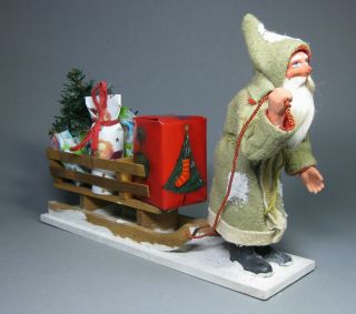 ANTIQUE PAPERMACHE GREEN SANTA WITH WOODEN SLED CHRISTMAS MADE IN GERMANY 1940 3