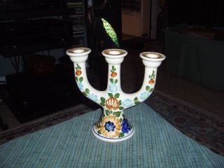 Vintage Hand Painted Porcelain Candle Holder 3 Candle Candelabra Made In Poland