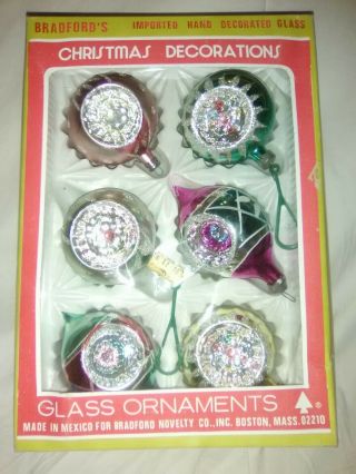 Vintage Bradford Glass Christmas Trimmeries 6 Ornaments Hand Decorated Indented