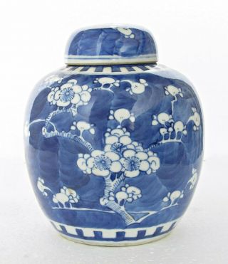 Antique Chinese Blue & White Porcelain Prunus Jar & Lid Double Ring Mark 19th C