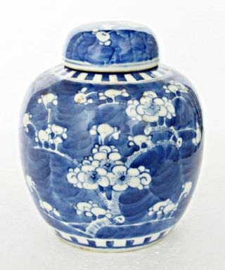 ANTIQUE CHINESE BLUE & WHITE PORCELAIN PRUNUS JAR & LID DOUBLE RING MARK 19TH C 3