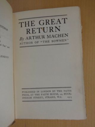 1915 THE GREAT RETURN BY MACHEN 1ST ED SELECTION OF 7 STORIES WELSH AUTHOR @ 2
