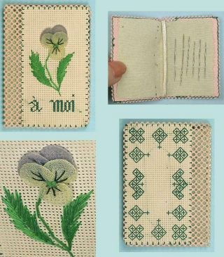 Antique Hand Embroidered Bristol Board Needle Book W/ Pansy French Circa1890