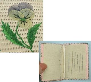 Antique Hand Embroidered Bristol Board Needle Book w/ Pansy French Circa1890 3