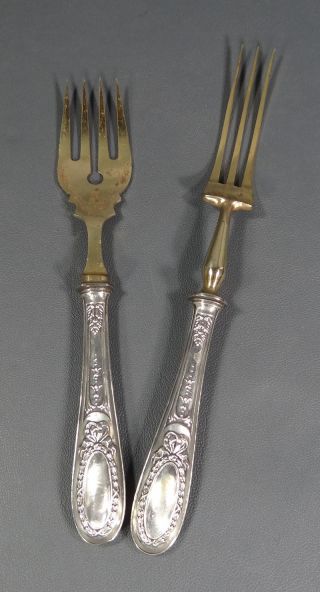 2 19c.  Victorian German Sterling Silver Ornate Handle Gold Gilt Serving Forks Set