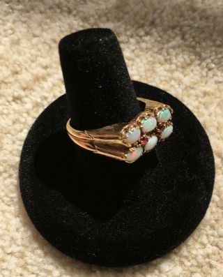 Vintage 10k Yellow Gold 6 Oval Opals Ring Size 8 2 Garnet 1mm Stones