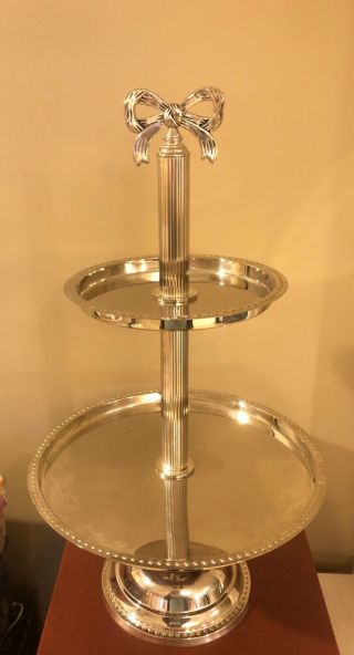 18” Tall Vintage Silver Plate Two Tiered Serving Tray Dish Bowl Silver Plated