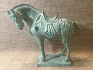 Vintage Chinese Tang Dynasty Cast Bronze Horse Statue Verdigris Finish
