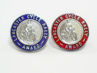 Two Vintage Lancaster Cycle Rally Award Enamel Cycling Badges/pins