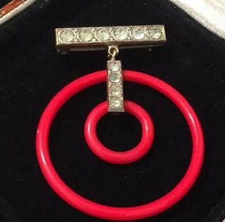 Vintage Art Deco Jewellery Gorgeous Red Glass Geometric Pendant Drop Brooch