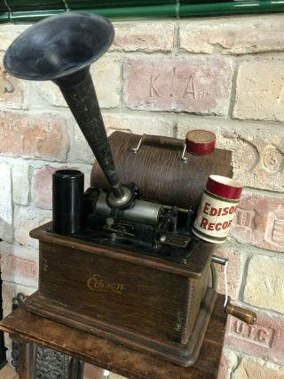 Antique Thomas Edison Tube Phonograph With Horn Edison Record Cylinder Music Box