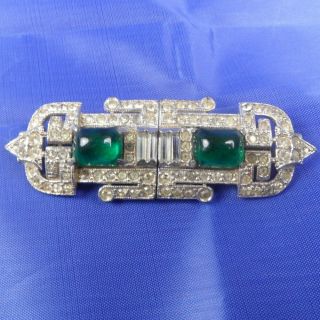 Stunning Vintage Art Deco Green & Clear Paste Duo Duette Dress Clip Brooch