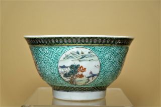 ⭕️ A Chinese Turquoise - Ground Famille - Rose Porcelain Flower Landscape Bowl.