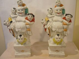 Vintage Chinese Buddha Climing Children Figures Pair 2 X Same Large 11.  5 " Inch.