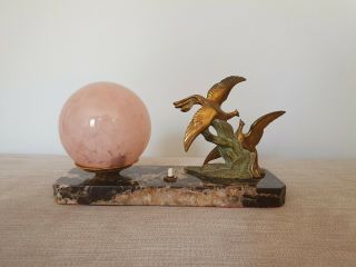 French Art Deco Lamp With Spelter Birds Light Shade Marble Base 1930s