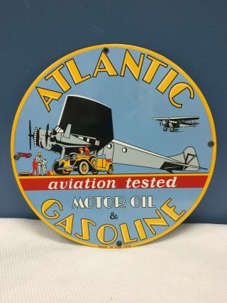 Vtg Advertising Atlantic Gasoline Motor Oil Porcelain Pump Plate Sign