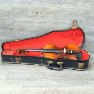 Vintage Unmarked No Label 4/4 Full Size Violin With Hard Case Instrument