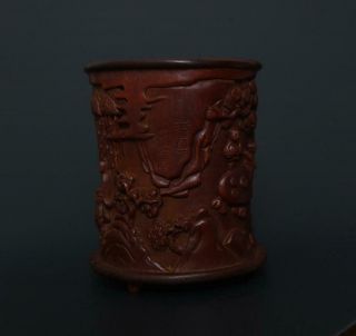 Perfect Antique Chinese Carved Bamboo Brush Pot Du Shiyuan Marked - Figure