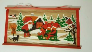 Vintage Swedish Christmas Printed Wall Hanging Picture,  Santa,  Elf