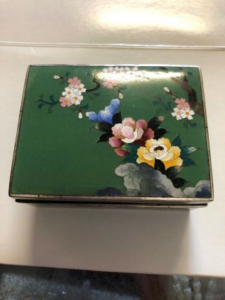 Vintage Inaba Green Japanese Cloisonne Jewelry Box Floral Design Crane Mt Fujii
