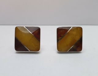 Vintage 925 Solid Sterling Silver And Baltic Amber Large Square Stud Earrings