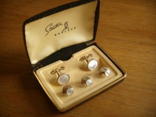 Vintage Mother Of Pearl Cuff Links And 3 Dress Shirt Buttons By Stratton - Boxed