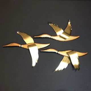Vintage Mid Century Set Of 3 Teak Wood Brass/metal Flying Geese Wall Plaques Mod