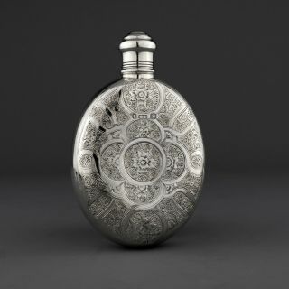 Ornate Victorian Solid Sterling Silver Hip / Liquor Flask.  George Unite,  Birm.