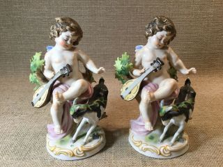 Pair Antique Volkstedt Dresden Sitzendorf Porcelain Figurine Cherubs Goats Music