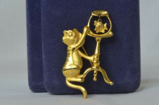 Vintage Goldtone Cat With Moveable Tail Fishing Fish Bowl Brooch Pin