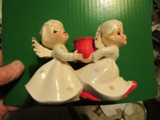 Vtg Christmas Angel Girls Ceramic Figurine Candle Holder Napco (?) Japan